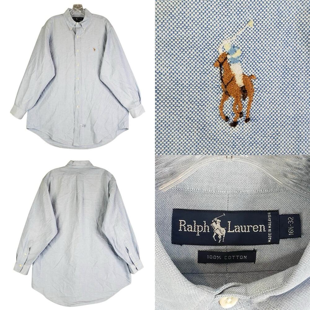 Polo Ralph Lauren Shirt Mens Size 16.5 XL Solid Blue Button Down Oxford LS